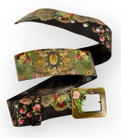 MICHAL NEGRIN Wide Romantic Style Belt with Floral Motif and Painted, Rhinestone Buckle, Sz Medium
