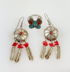 Fine Native American Pawn Silver Coral Branch Pierced Dangle Earrings & Micro Mosaic Turquoise Coral Butterfly Ring Size 7
