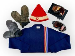 Vintage Ski Lot! ARROW CASUAL WEAR Blue Knit Sweater, Sz Medium. MODELE DEPOSE Swiss Made Red Hat. Black Leather and Suede Mittens, SZ Small. SMITH PMT Amber Goggles with Storage Pouch. SCOTT Goggles.
