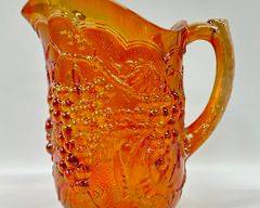 IMPERIAL GLASS CARNIVAL HEAVY EMBOSSED GRAPE MARIGOLD PITCHER