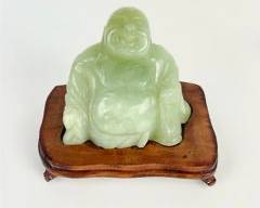 Vintage Carved Jade Buddha On Wooden Base Mini Figurine - 2.75 Inch Tall