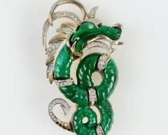 Fantastic Attributed To Hattie Carnegie Sea Dragon Faux Malachite, Goldtone, and Crystal Pin