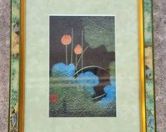 Asian Embroidered Signed Textile Art Gilt Framed