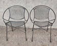 Pair Tempestini for Salterini Mid Century Modern MCM Iron Mesh Patio Arm Chairs