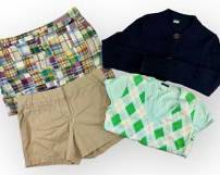 J. CREW Lot! Classic Twill Chino Shorts Sz 12. Cotton Patchwork Skirt Sz 12. Cotton Argyle Knit Top Sz Medium. Navy Alpaca/Wool/Acrylic Blend Sweater Sz Medium