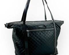 TUMI Black Leather Trim on Black Quilted Fabric Zip Top Travel Tote, No Shoulder Strap