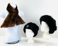 Vintage Leprechaun Sheepskin Co. Black Genuine Sheepskin Hat, Cejon Black Hat W Floral Broach And Brown Mink Collar Assorted High End Hats And Collar Lot