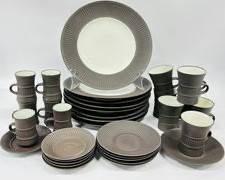 DANSK DESIGN DENMARK MCM Mid Century Modern MATTE BROWN 8 DINNER PLATES TEA; CUPS AND SAUCERS VARY IN SIZE