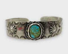 Fine Pawn Silver Native American Navajo Turquoise Stampwork Cuff Bracelet