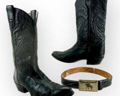 LARRY MAHAN Black on Black Cowboy Boots, SZ 11 D . LATI-STITCH White on Black Leather Belt with THE LYNTONE CO Nickel Belt Buckle, Made in Oklahoma City, Oklahoma