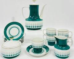 Rare Fine Vintage Hollohaza Hungarian porcelain tea/ coffee set with pot, creamer, sugar bowl, saucers and cups in dark teal /white delicate pattern with gold detailing