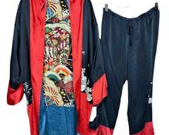 NATORI Silk Black/Red/Blue/Multi Kimono Robe, No Belt and Matching Drawstring Silk Pajama Pants, Sz Medium