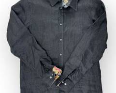 JIM THOMPSON Black Linen Button Down With Floral Contast Details, Sz Large
