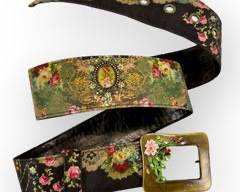 MICHAL NEGRIN Wide Romantic Style Belt with Floral Motif and Painted, Rhinestone Buckle, Sz Medium