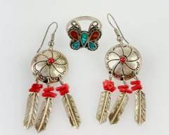 Fine Native American Pawn Silver Coral Branch Pierced Dangle Earrings & Micro Mosaic Turquoise Coral Butterfly Ring Size 7