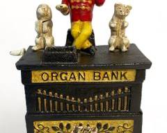 VINTAGE KYSER & REX CAST IRON MECHANICAL BANK MONKEY ORGAN BANK 1882