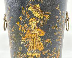 vintage TOLE HAND PAINTED CHINOISERIE LION HEAD HANDLED Planter Bucket