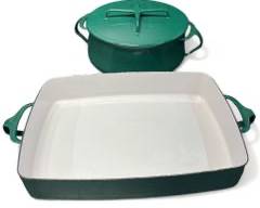 Two Dansk Green Enamel Baker and Dutch Oven in MCM Mid Century Modern