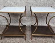 Beautiful Pair Gilt Painted Iron Marble top Side Tables Hollywood Regency Style MCM