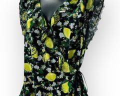 DIANE VON FURSTENBURG Black/Yellow Lemons Wrap Tie Top with Lace Detail, Sz Large