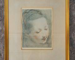 Romantic Portrait of Young Womens Head Lithograph Print Framed and Matted