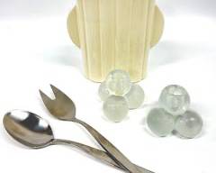 MCM Mid Century Modern Lot SWEDISH GUSTAV STAINLESS STEEL SALAD SPOON & FORK WITH RED WING VASE MCM ART POTTERY VASE & PAIR OF MCM GLASS CANDLE STICK HOLDERS