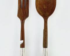 94 Grams Fine Sterling Silver Weighted Wooden MCM Serving Spoon & Fork Monogrammed