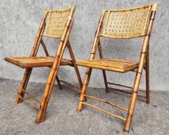 Pair Vintage Bamboo Chairs and Rattan Folding Side Chairs