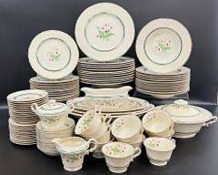 Fine Syracuse Old Ivory China Dinner Plates, Salad Plates, Soup Bowls, Saucers, Tea Cups, Desserts Plates, Gravy Bowl, Lidded Tureen, and Trays