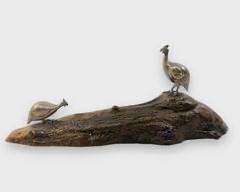 Patrick Mavros Zimbabwean Silver Cast Guinea Fowl On Wood Table Sculpture
