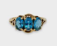 Fine 10K Yellow Gold Blue Topaz Three Stone Gemstone Ladies Ring Size 5