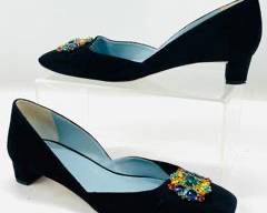Frances Valentine McCall Mini Block Heel in Velvet w Gem Embellished Accent Size 11B