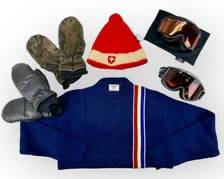 Vintage Ski Lot! ARROW CASUAL WEAR Blue Knit Sweater, Sz Medium. MODELE DEPOSE Swiss Made Red Hat. Black Leather and Suede Mittens, SZ Small. SMITH PMT Amber Goggles with Storage Pouch. SCOTT Goggles.