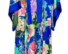NATORI Blue/Green/Pink Peony Print Nightgown and Robe with Belt, Sz Medium