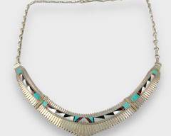 Fine Jay Boyd Native AMerican Navajo Sterling Silver Channel Inlay Turquoise, Mother Of Pearl, Coral & Onyx Necklace