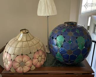 Slag Capiz shell flower hanging lamp shade and Japanese painted paper hanging ball.