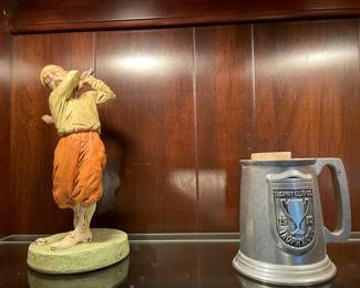 Ceramic Golfer Figurine & Trophy Club Pewter Stein 