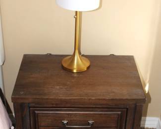 Pair of bedside tables. 24" W x 16" D x 24" H. BUY IT NOW! $200.00. Pair of gold and white shade lamps. BUY IT NOW! $40.00
