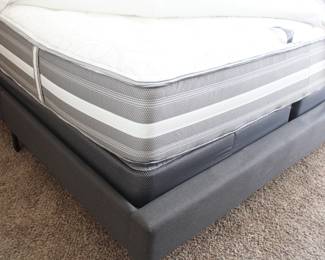 King size bed with charcoal tufted headboard and platform base. With Beautyrest Vanderbilt Collection Firm mattress. BUY IT NOW! $275.00, Mattress is clean but has some dipping on sides.