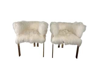 Polished Brass Mongolian Fur Chairs, Pair 