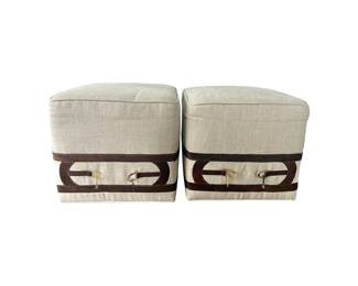 Equus Square Buckle Linen and Leather Ottomans, Pair 