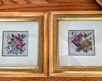 Vintage cross stitched framed flowers