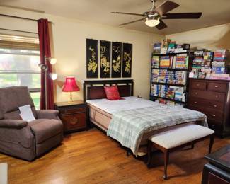 Queen bedroom set - headboard, nightstand, triple dresser and armoire, jigsaw puzzles galore!  