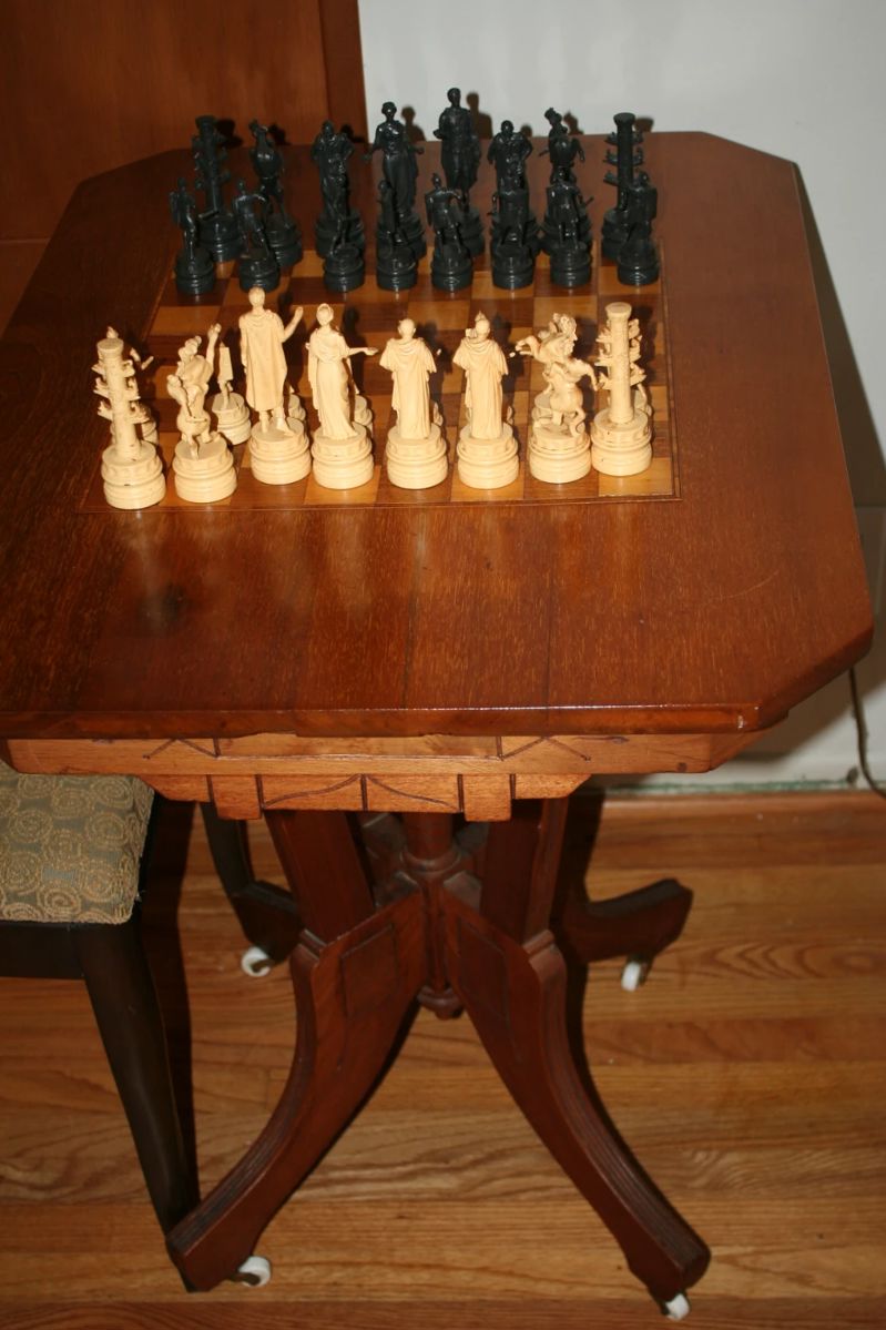 Vintage Game Table. 2 sets of chess pieces