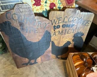 TWO WOODEN CHICKEN SIGNS