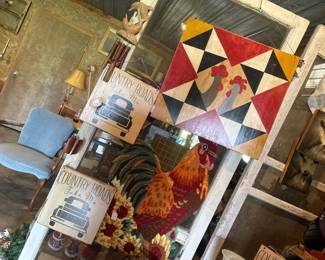 TWO WOODEN SIGNS, CHICKEN RUG , ETC