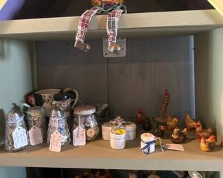 MINI CHICKEN FIGURES , SMALL TRINKET BOX , SMALL JARS OF BUTTONS
