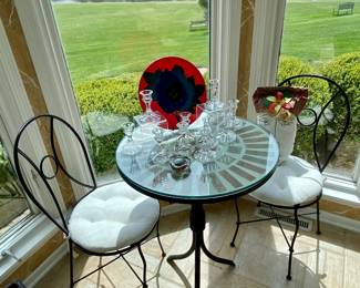 Bistro set table with glass top  2chairs and cushions