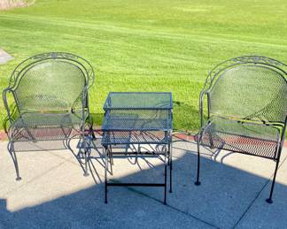 Two patio chairs and set of nesting tables