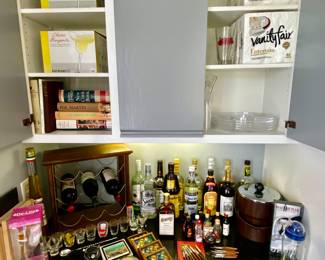 Bar supplies, glassware, wine rack, coasters and misc supplies